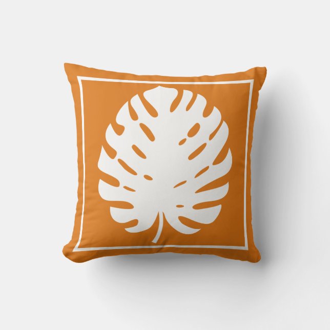 Almofada Folha de Monstera Laranja Branco Costeiro Moderno  (Frente)