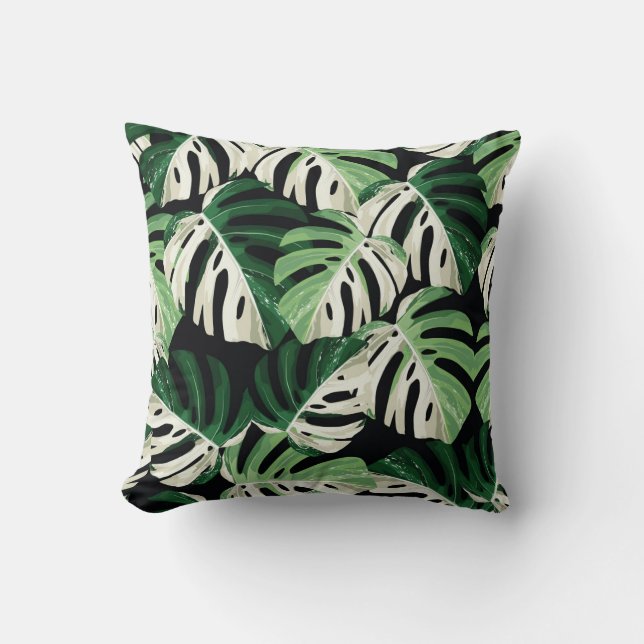 Almofada Folha de Monstera Padrão Exótico Preto (Frente)