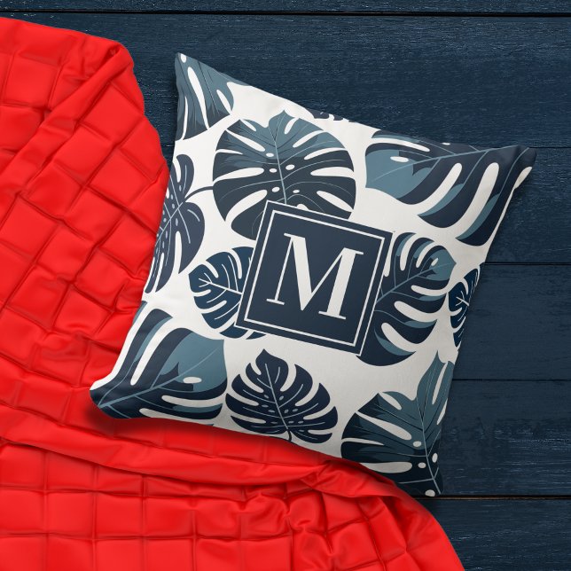 Almofada Folha de Monstera Tropical marinho Azul e Branco (Criador carregado)