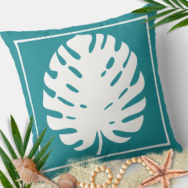 Almofada Folha de Monstera Turquesa Branco Costeiro Moderno