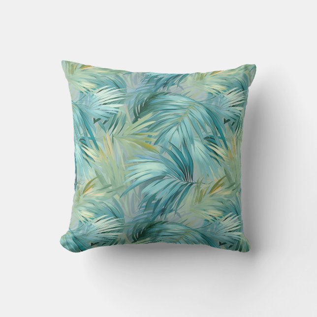 Almofada Folha de Palme Azul Tropical com Padrão de Aquarel (Frente)