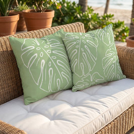 Almofada Folha Tropical Branca Motivo Em Verde Sage Claro
