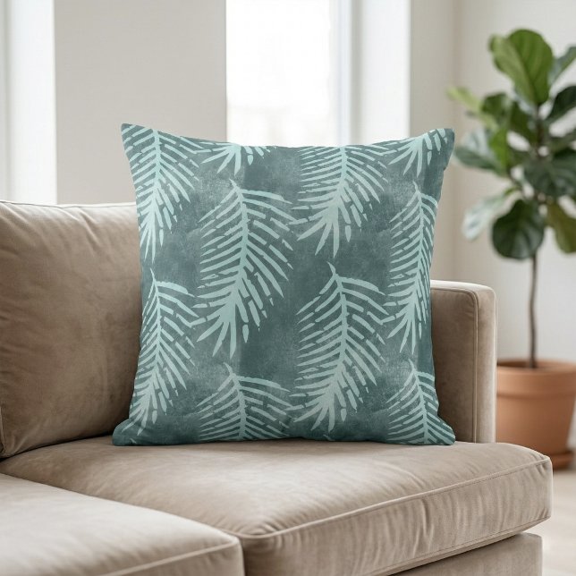 Almofada Folha Tropical Verde Água-Marinha (Teal Green Watercolor Tropical Leaf Throw Pillow)