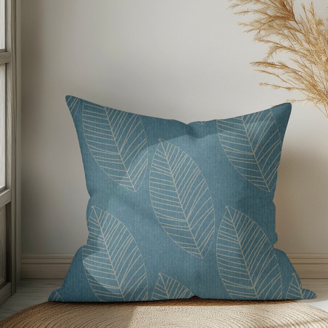 Almofada Folhas Botânicas Boho Modernas em Tecido Azul Ocea (Criador carregado)