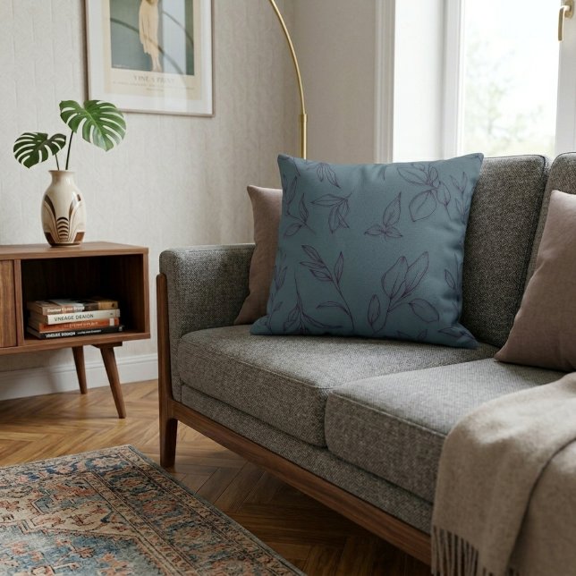 Almofada Folhas Botânicas Simples Elegantes em Azul (Criador carregado)