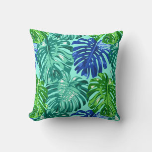 Almofada Folhas da selva azul-ciano monstera tropicais