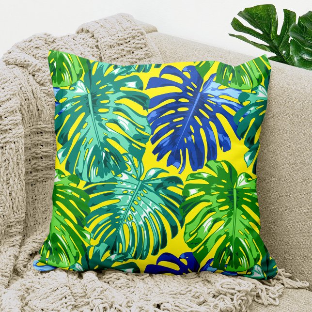Almofada Folhas da selva verde-azul-tropical Amarelo Monste (Tropical throw pillow with colorful monstera leaves)