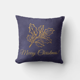 Almofada Folhas de Azevinho Douradas Feliz Natal Azul