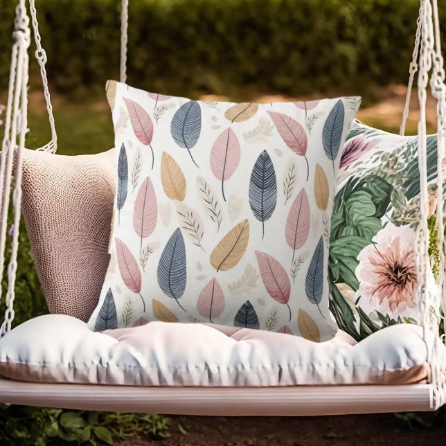 Almofada Folhas de Boho Azul Cor de Rosa Branca (Criador carregado)