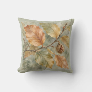 Almofada Folhas de Faia Cobre Sálvia Aquarela Botânica