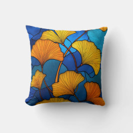 Almofada Folhas de ginkgo amarelas de vitral sobre azul