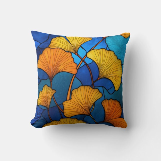 Almofada Folhas de ginkgo amarelas de vitral sobre azul (Frente)
