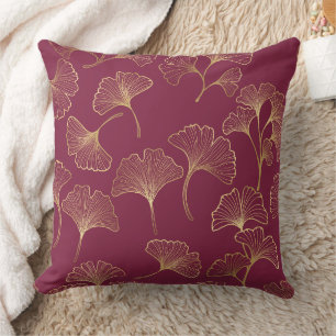 Almofada Folhas de Ginkgo Douradas Luxuosas em Burgundy Pro