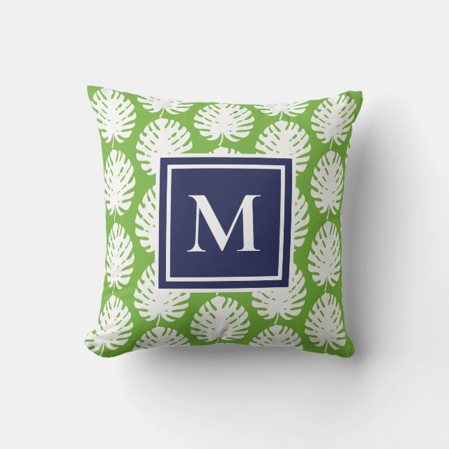 Almofada Folhas de Monstera Verde Azul-Marinho Moderno Mono (Frente)