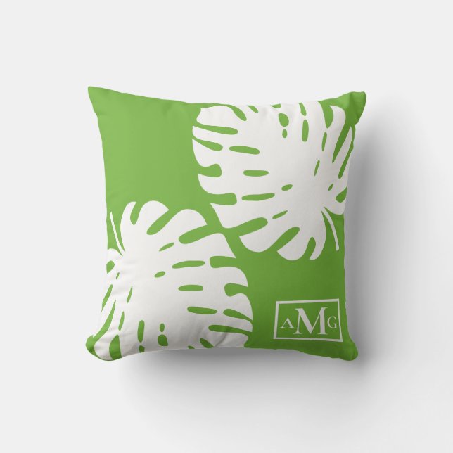 Almofada Folhas de Monstera Verde Branco Costeiro Moderno (Frente)