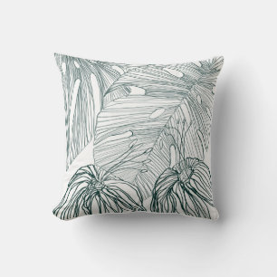 Almofada folhas de monstera verde-escura e lírios contorno