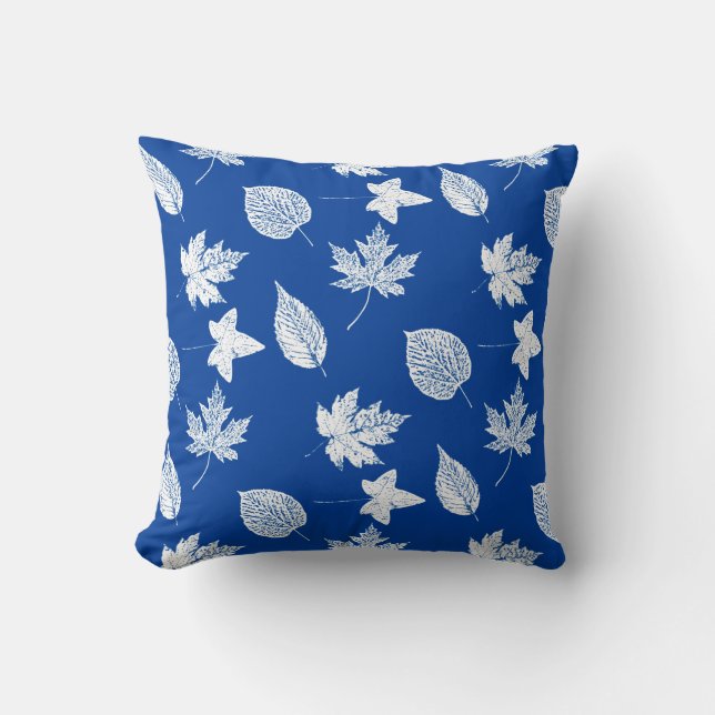 Almofada Folhas de outono - branco e azul de cobalto (Frente)