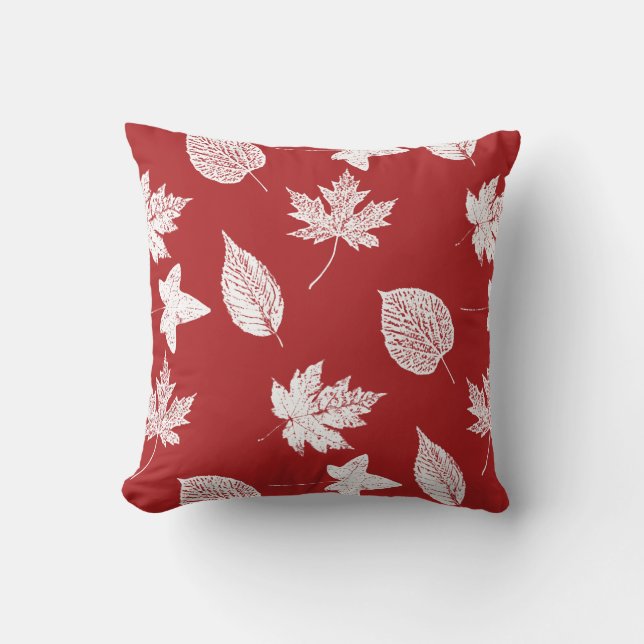 Almofada Folhas de outono - branco e vermelho escuro (Frente)