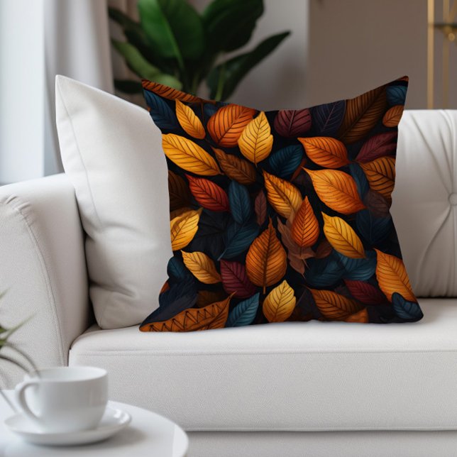 Almofada Folhas de Outono Laranja Azul Turquesa (Warm burnt orange fall/autumn leaves decorator pillow)