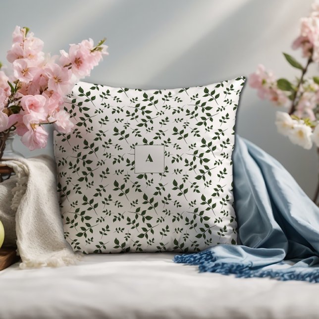 Almofada Folhas de padrão verde branco monograma (Criador carregado)