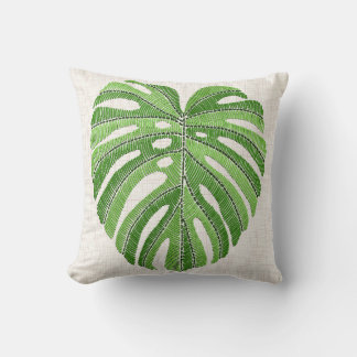 Almofada Folhas de palma bordadas. Monstera Tropical Verde