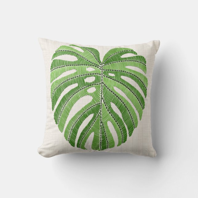 Almofada Folhas de palma bordadas. Monstera Tropical Verde (Frente)