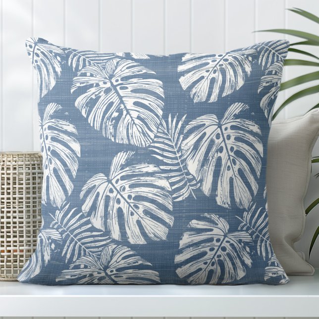 Almofada Folhas de Palma de Monstera Azul e Branco (Criador carregado)