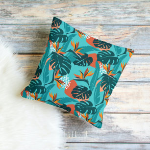 Almofada Folhas de palma e padrão tropical de flores de hib