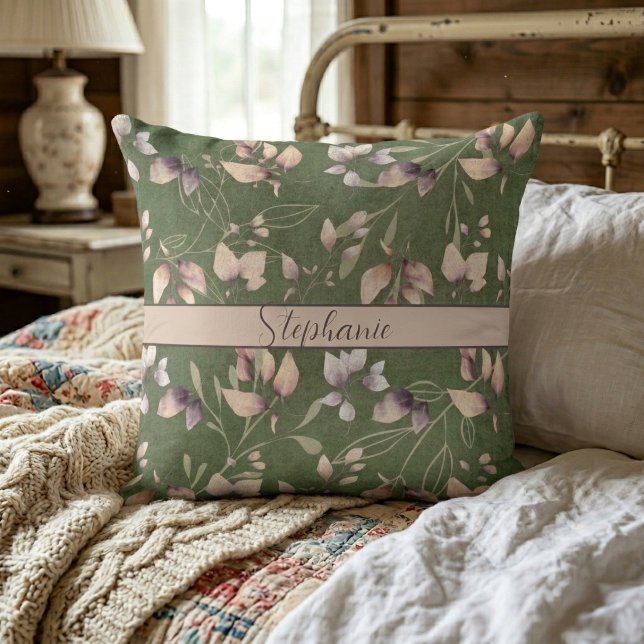 Almofada Folhas de Pedra Rosa e Dourada Elegantes em Verde (Criador carregado)