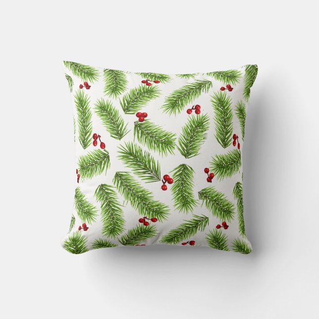 Almofada Folhas de Pinheiro Natal Verde & Frutas Vermelhas  (Frente)