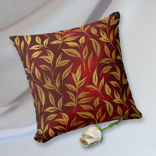 Almofada Folhas Douradas no Brilho Vermelho Borgonha