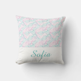 Almofada Folhas estilizadas rosa e turquesa padrão branco