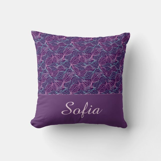 Almofada Folhas estilizadas rosa e turquesa padrão roxo  (Frente)