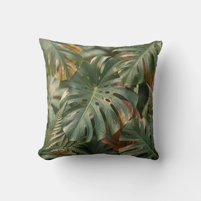 Almofada Folhas Luxuriantes de Monstera Samambaias Selva Tr (Frente)