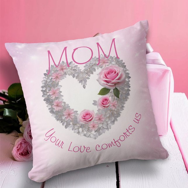 Almofada Folhas Prateadas Coração e Rosa Rosa Mamãe  (Criador carregado)