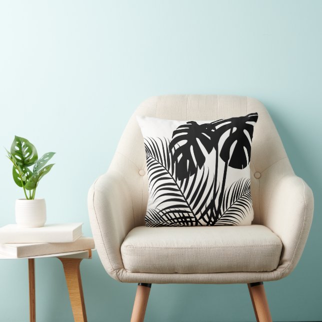 Almofada Folhas tropicais 1 preto em branco (Cadeira)