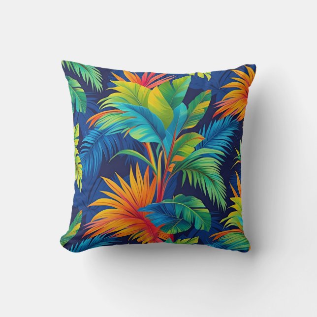 Almofada Folhas tropicais azuis e laranja (Frente)