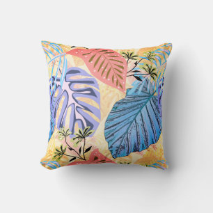 Almofada Folhas tropicais azuis e roxas. travesseiro decora