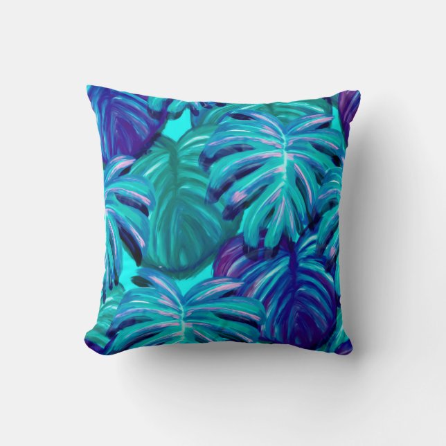 Almofada Folhas Tropicais Azul Teal (Frente)