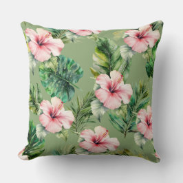 Almofada Folhas Tropicais Cor-de-Rosa Verde Folha de Hibisc