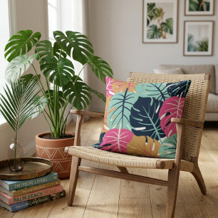 Almofada Folhas Tropicais de Palmeira em Rosa e Azul Deco