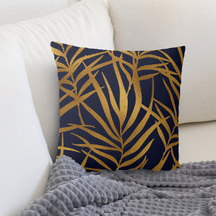 Almofada Folhas tropicais Douradas no Marinho azul
