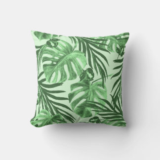 Almofada Folhas tropicais e flores, padrão de aquarela.