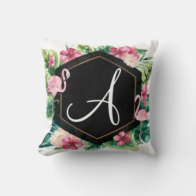 Almofada Folhas Tropicais Hibiscos Flamingos Verão Chic (Frente)