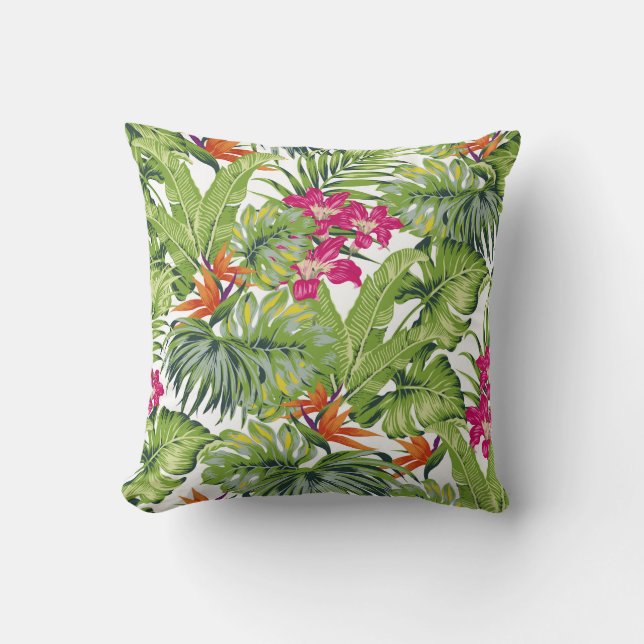 Almofada Folhas Tropicais Verdes Flores Rosa Laranja (Frente)