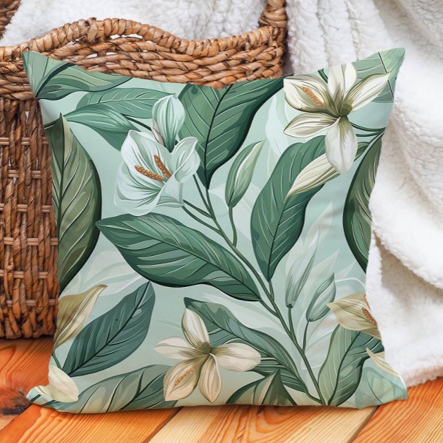 Almofada Folhas Verdes Lírios Brancos Botânica Flora Verdur (Green Leaves White Lilys Botanical Floral Greenery Throw Pillow)