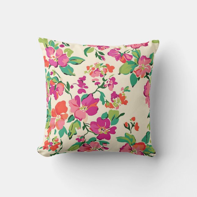 Almofada Folhas verdes roxas\flores cor-de-rosa (Frente)