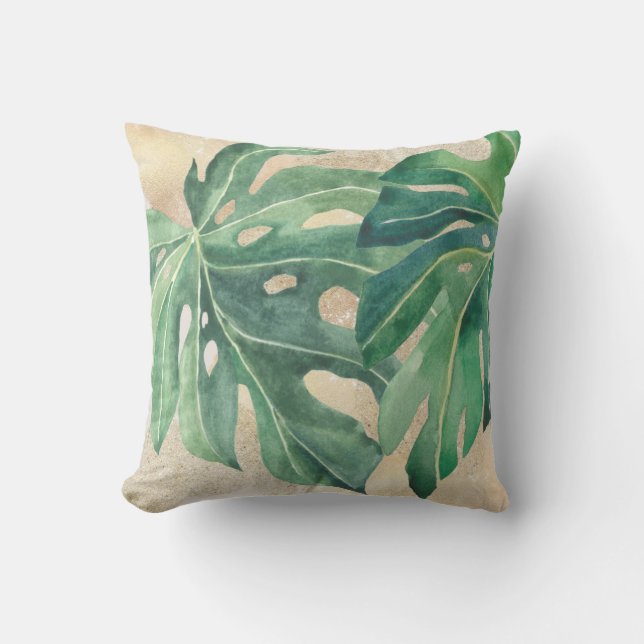 Almofada Folhas Verdes Tropicais Monstera Areia Dourada (Frente)