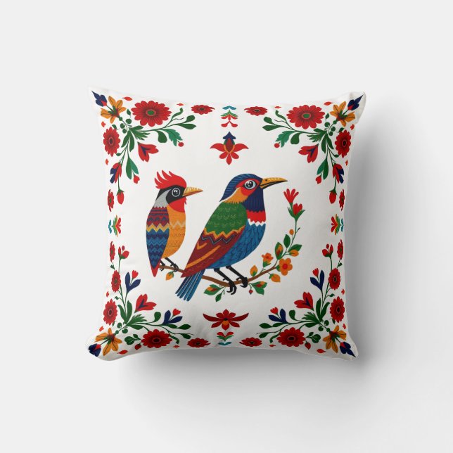 Almofada Folk Art Birds & Blooms – Symmetrical Natural (Frente)