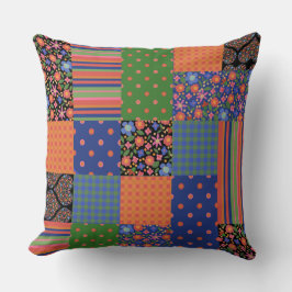 Almofada Folk Art Faux Patchwork, Floral, Polkas, Checks